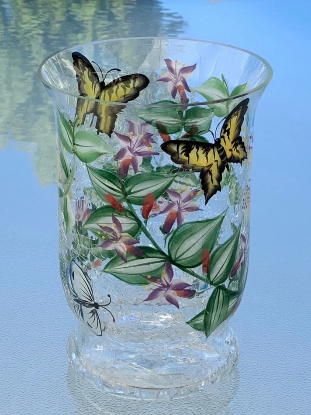 Fifth Avenue Crystal Butterfly Blossom Crackle Glass 6” Hurricane Candle Holder